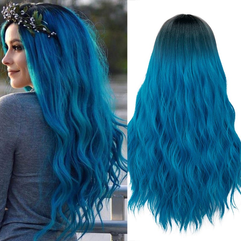Mildiso Blue Wigs for Women 26" Long Ombre Blue Wig with Wig Cap Curly Wavy Natural Cute Soft Wigs for Daily Party M052B - Image 1